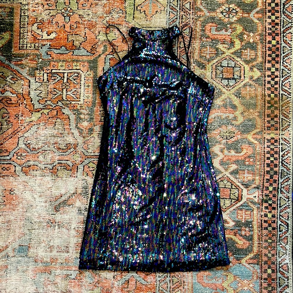 Lulus high neck multi-color sequin mini dress. Size Medium.